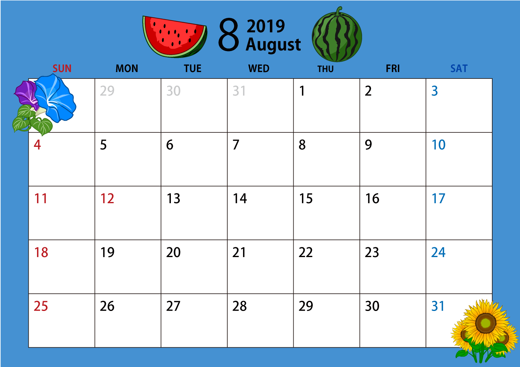 2019年8月のカレンダーを更新いたしました ネット商社ドットコム