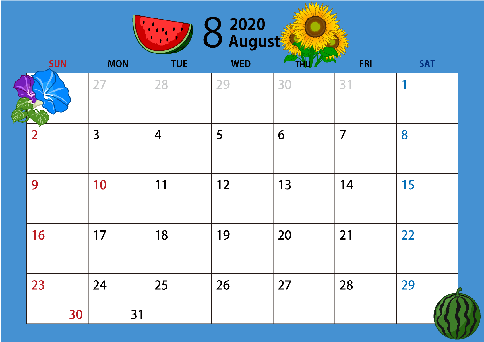 2020年8月のカレンダー